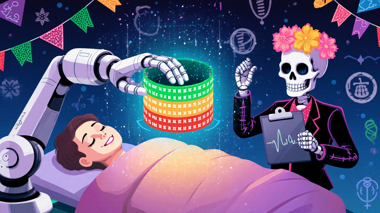 A holographic thyroid with risk layers scanned by a skull-shaped AI arm, surrounded by gene markers and papel picado banners in Day of the Dead style.
