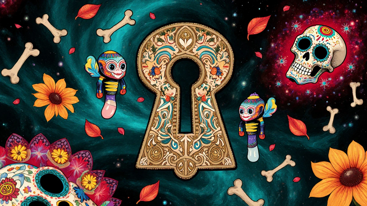 A mythical alebrije-shaped drug molecule locks into a skeletal receptor keyhole, surrounded by sugar skull cells and marigold petals.