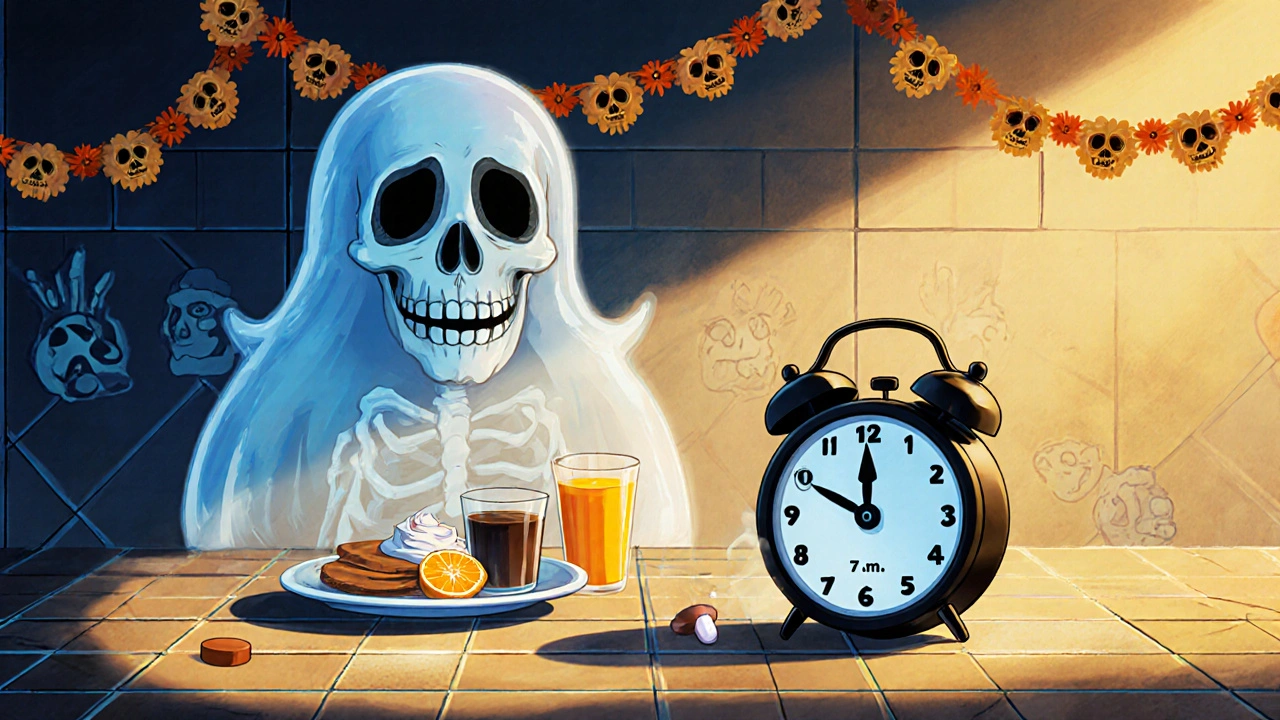 A patient takes thyroid medication at dawn as a ghostly breakfast looms behind them, alarm clock shaped like a sugar skull ticks nearby.