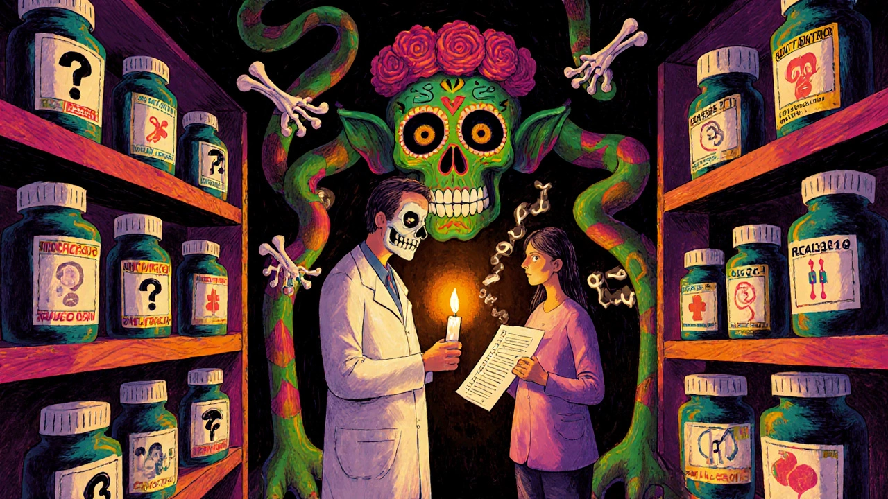 A pharmacist and patient in a Day of the Dead-themed pharmacy, with calavera medicine bottles and a drug interaction monster looming behind them.