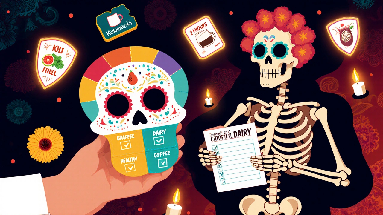 A pharmacist gives a skull-shaped pill organizer to a patient, food icons on each compartment, floating safety labels and marigolds in the background.