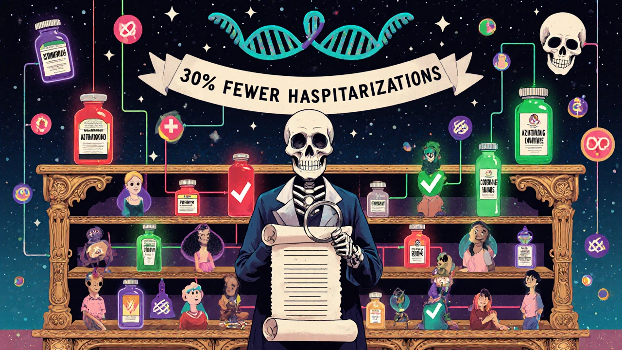 A pharmacy shelf with medications linked to diverse people by glowing threads, watched by a skeletal pharmacist, under a starry double helix sky.
