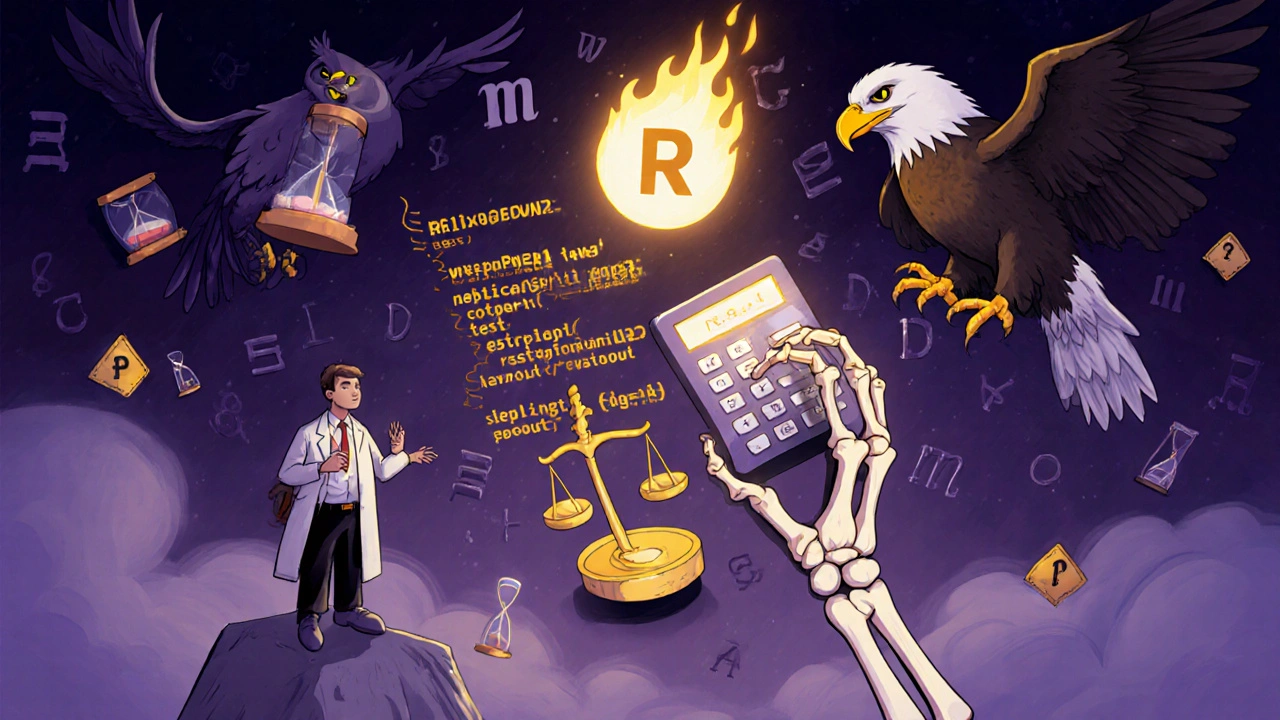 A skeletal hand holds a calculator with replicateBE code, while FDA and EMA icons argue over drug balance amid dropout warnings.