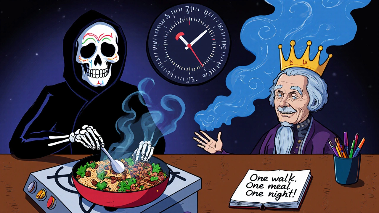 A skeleton chef cooking healthy food in a kitchen with a heartbeat monitor stove and stress replaced by calming breaths.