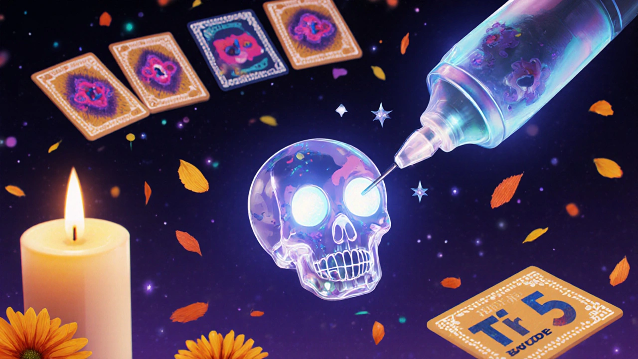 A spectral ultrasound probe guiding a biopsy on a sugar-skull nodule with microcalcifications, surrounded by floating TI-RADS score cards.