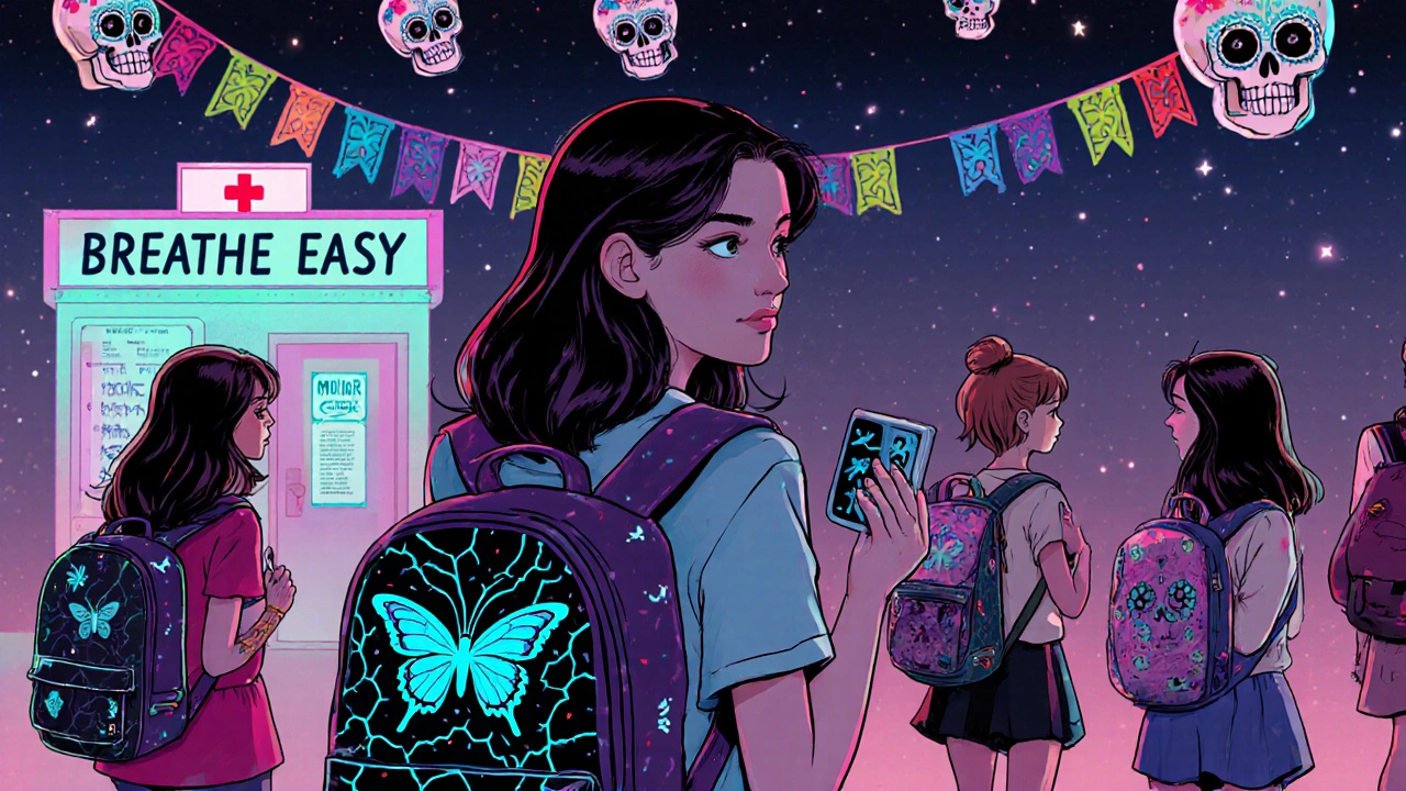 A teen with a patterned spacer on their backpack, surrounded by classmates and sugar skull-shaped medical supplies in a school setting.