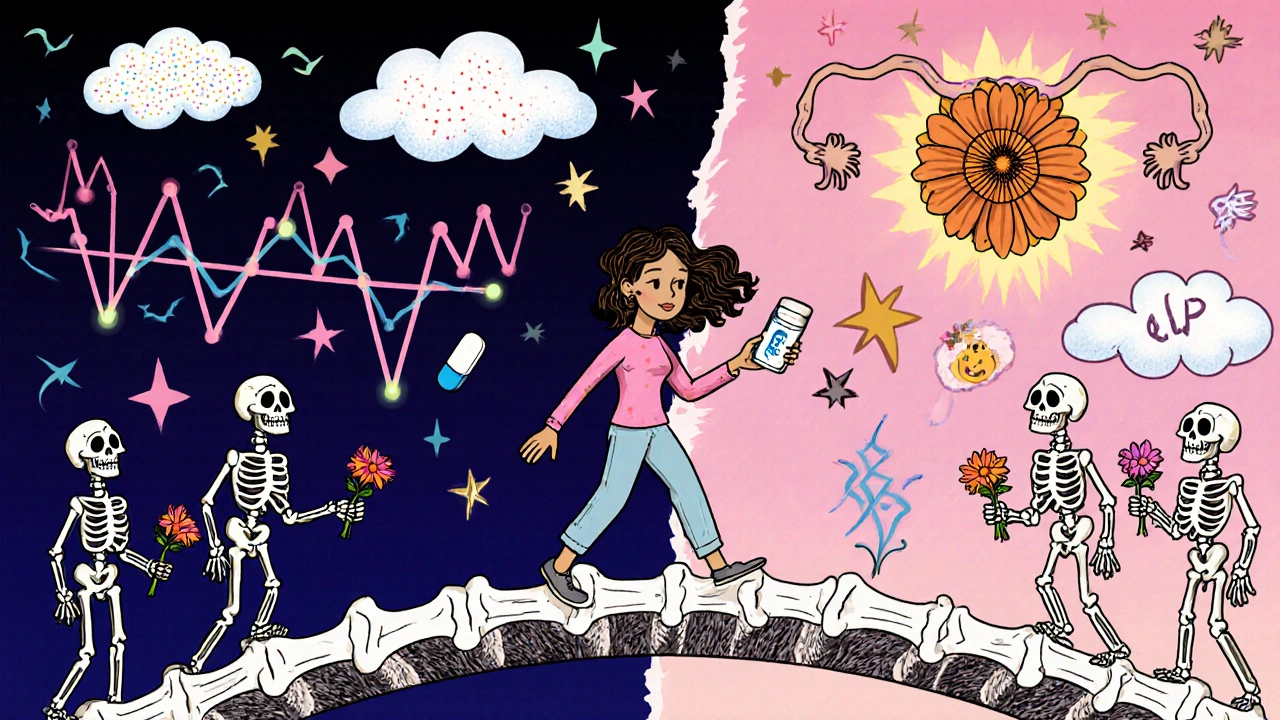 A woman walks across a bone bridge from chaos to health, guided by ancestral figures, with insulin clouds fading into blooming flowers.