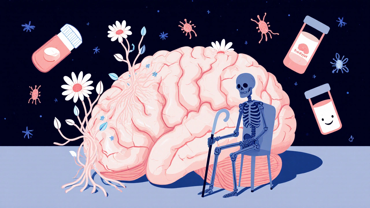 Brain with regrowing myelin vines and patient&#039;s shadow as skeleton in Day of the Dead style