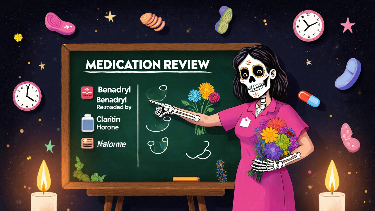 Caregiver reviewing meds on chalkboard, replacing risky drugs with safe alternatives and symbolic icons.