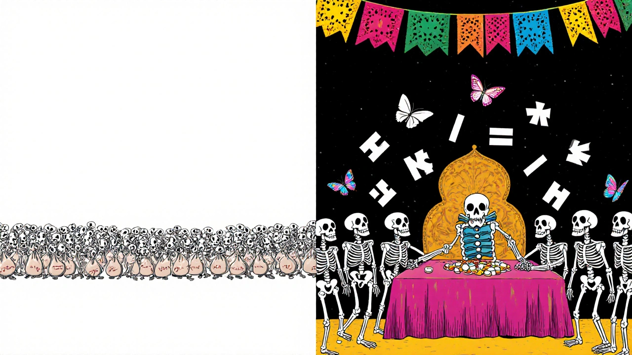 Contrasting scenes: 108 exhausted skeletons in chaos vs. 28 calm ones in orderly trial, with math symbols turning to butterflies.