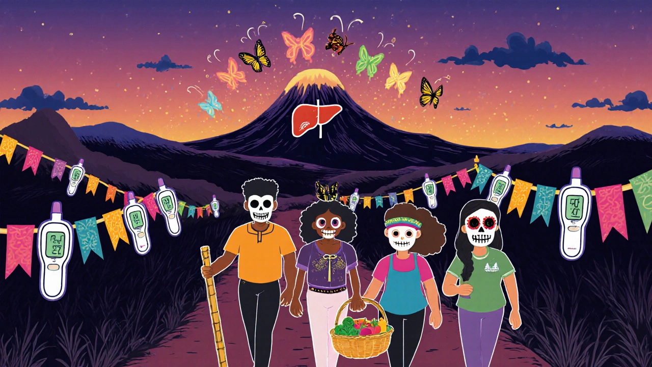 Diverse people walking at dusk with food baskets and glucose meter banners, butterflies rising from a liver-shaped mountain.