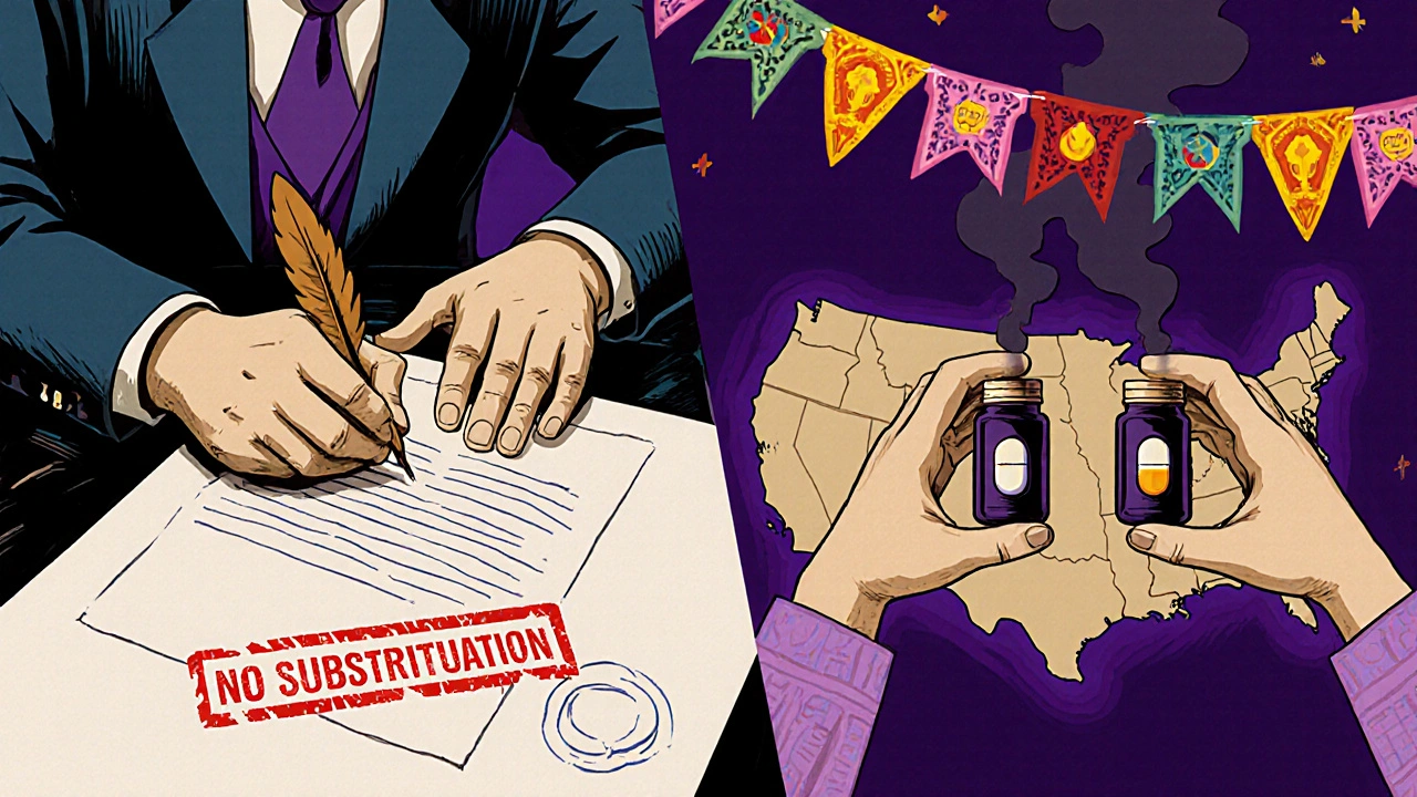 Doctor refusing substitution vs. patient with safe and dangerous pills, map below, in vibrant Day of the Dead art style.