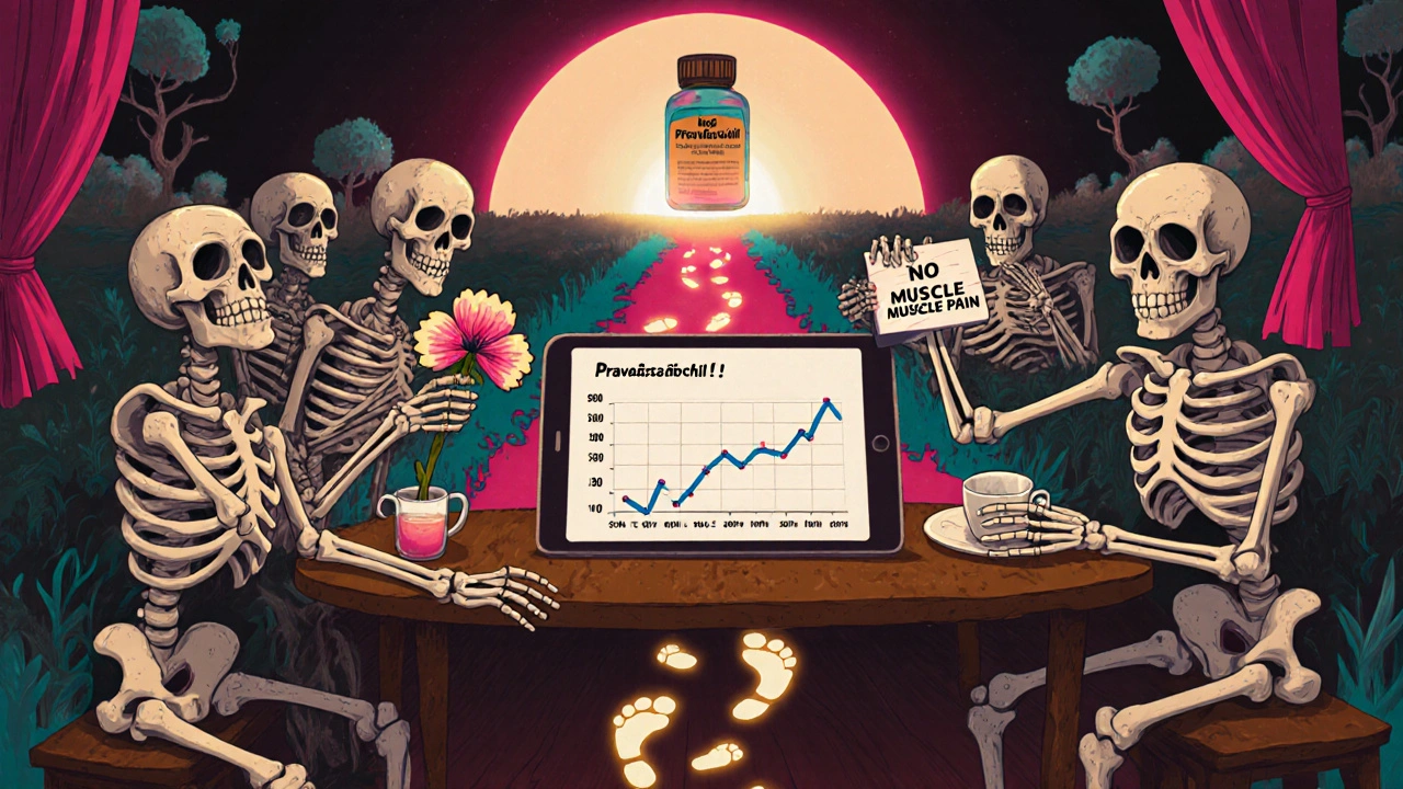 Elderly skeletons celebrating lowered cholesterol with pravastatin bottle at center, glowing footprints leading to sunrise.