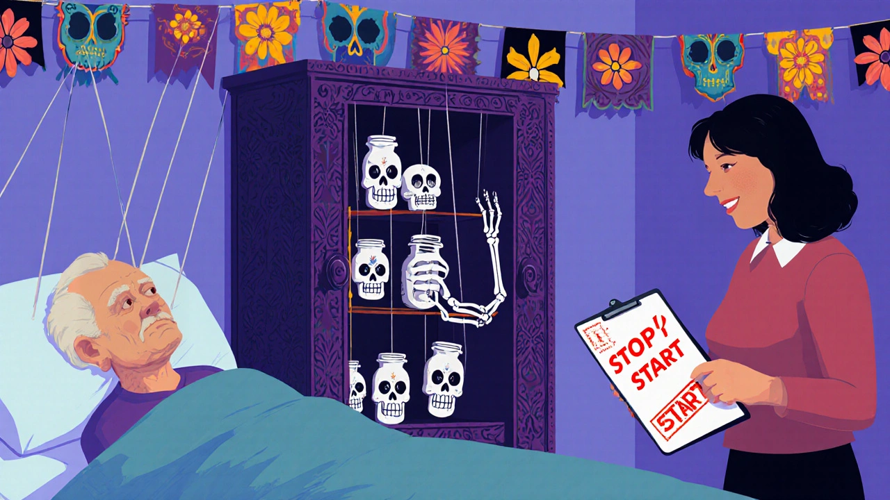 Frail man in hospital bed as skeletal marionette, controlled by medicine cabinet filled with skull pill bottles.