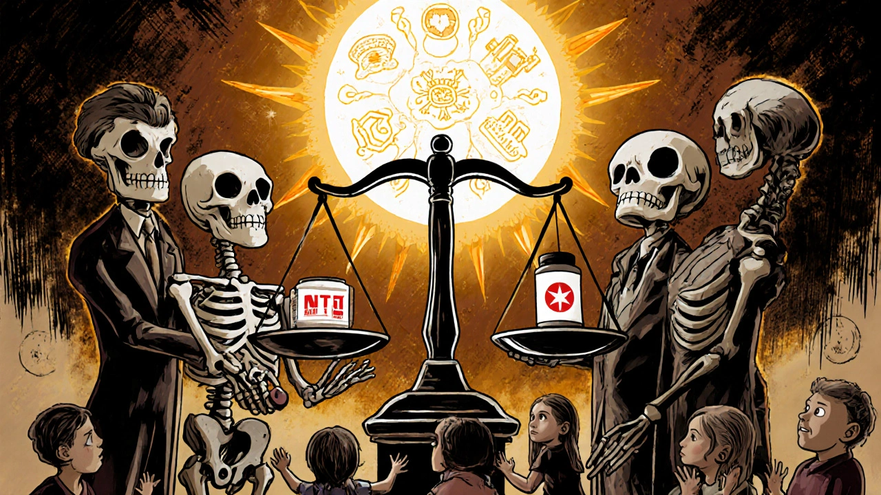 Global regulators balancing NTI drugs on a scale, patients reaching up, illuminated by ICH M9 symbols in Day of the Dead style.