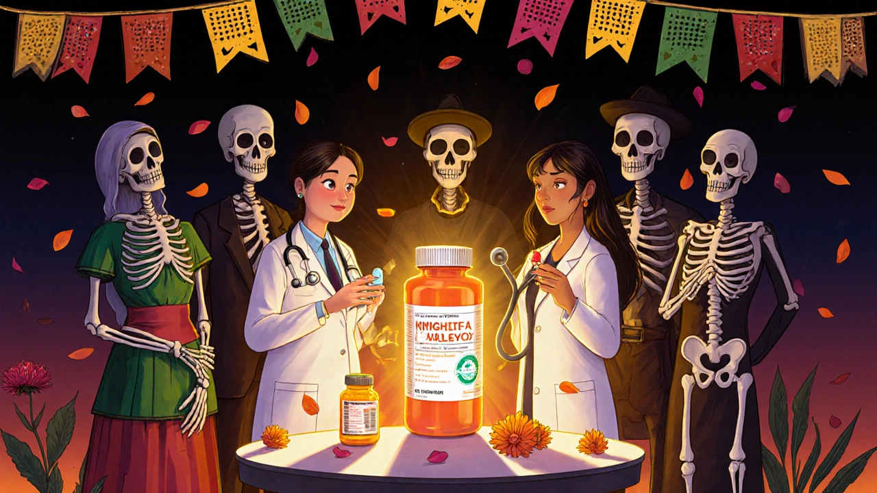 Healthcare team gathered around a prenatal vitamin bottle with skeletal ancestors watching in vibrant Day of the Dead scene.