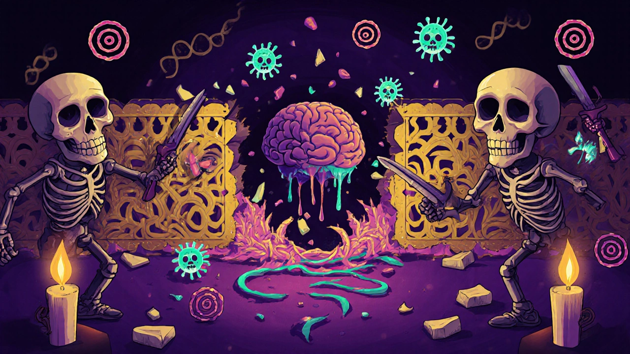 Skeletal cells tearing through a papel picado blood-brain barrier with glowing viruses