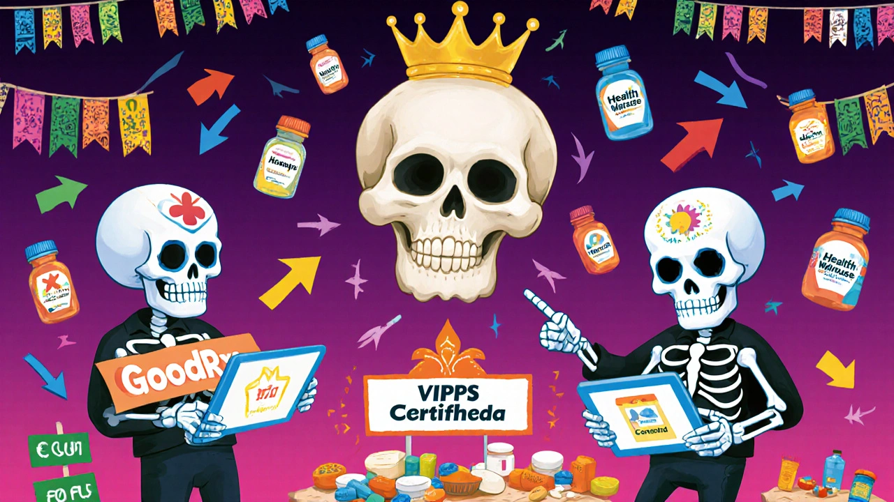 Skeletal shoppers comparing drug prices on sugar skull tablets in a vibrant marketplace with floating certifications.