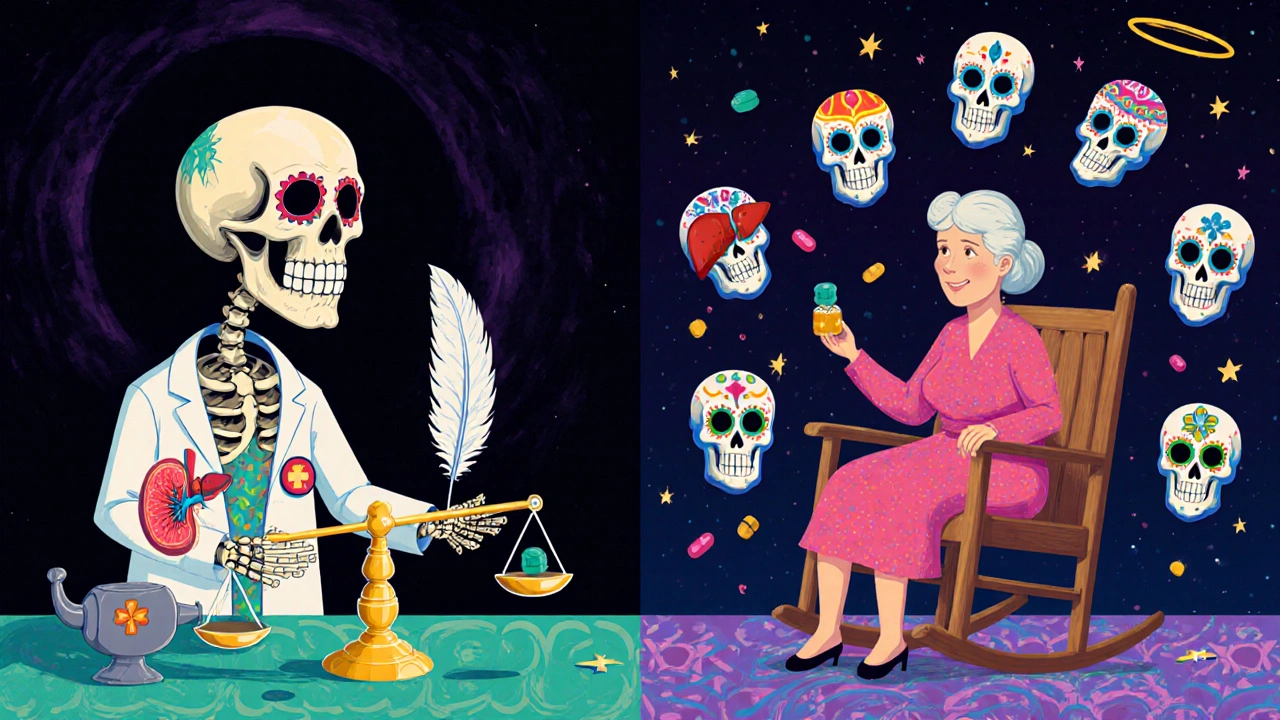Skeleton doctor comparing pravastatin and simvastatin with kidney and liver icons, in vibrant alebrije colors.