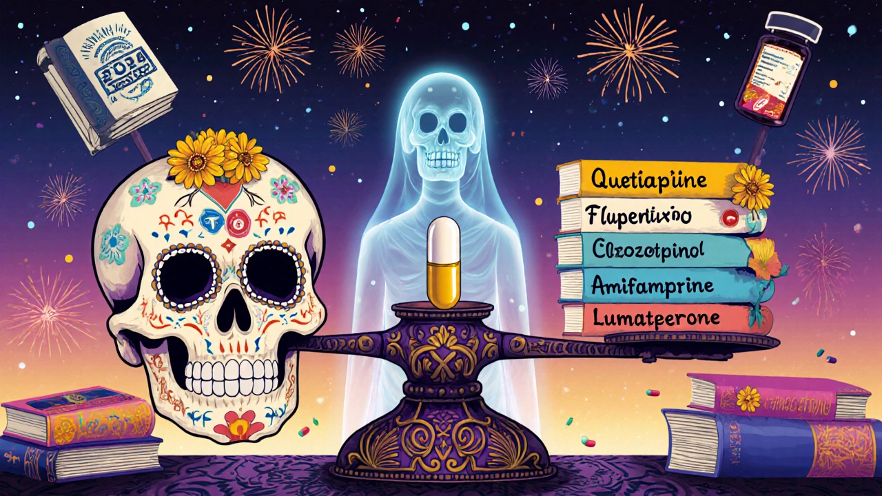 Skull balance scale with EPO capsule vs. antipsychotic pills, glowing research banner above