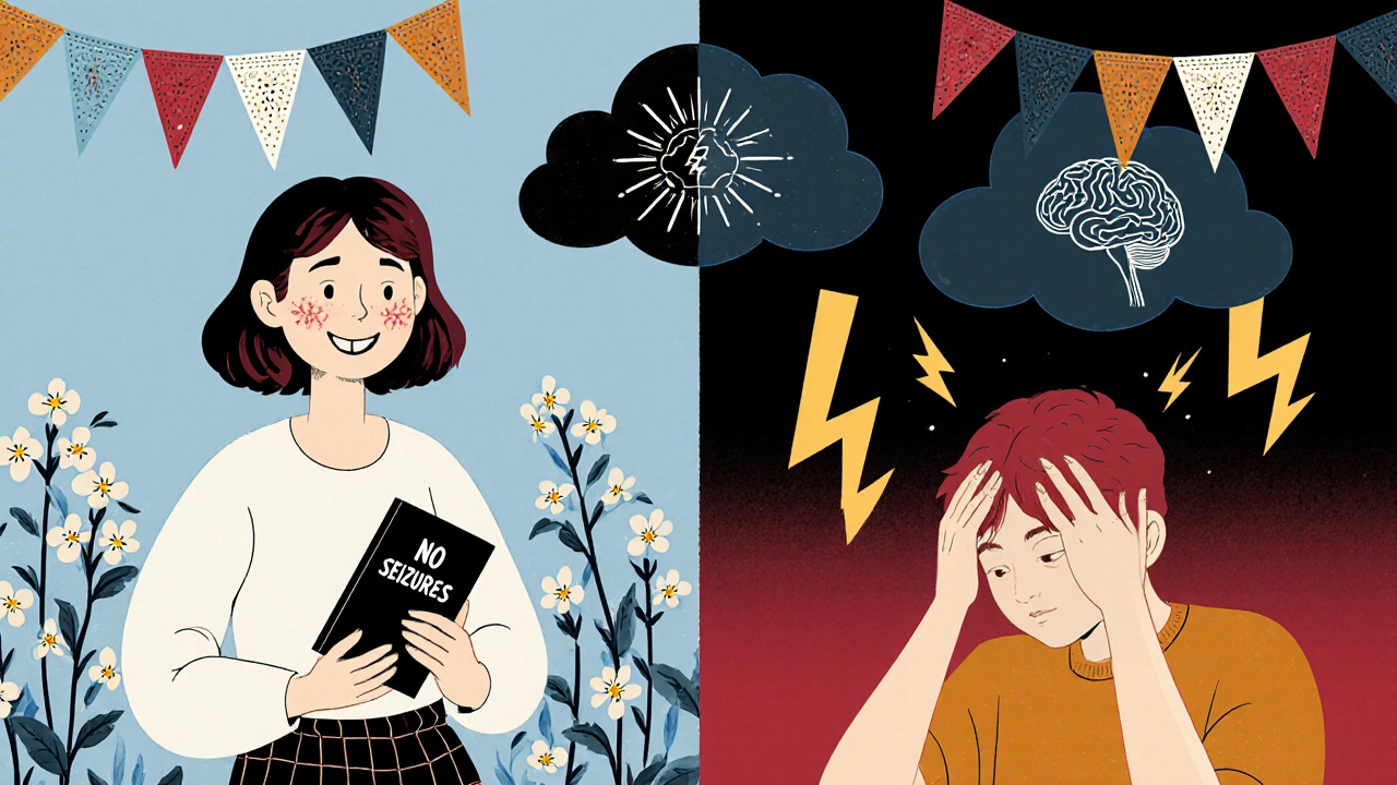 Split scene: calm patient with flowers vs. tense patient under stormy pills, day of the dead style