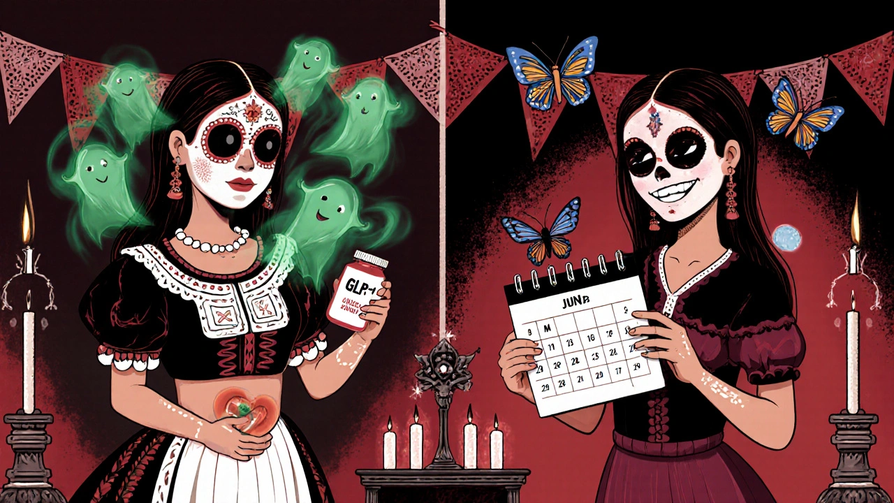Split scene: woman battling nausea spirits on one side, thriving with ovulation and butterflies on the other, framed by sugar skulls and papel picado.