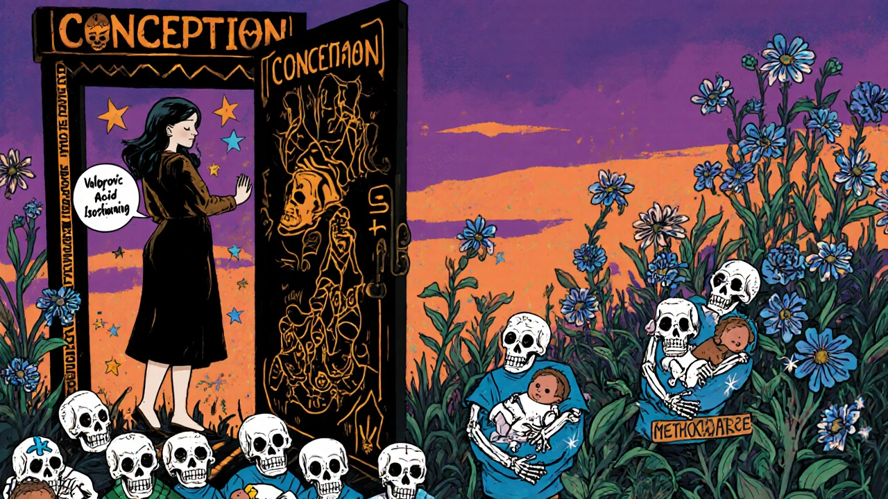 Woman stepping from danger to safety, surrounded by folic acid flowers and skeletal guardians in Day of the Dead aesthetic.