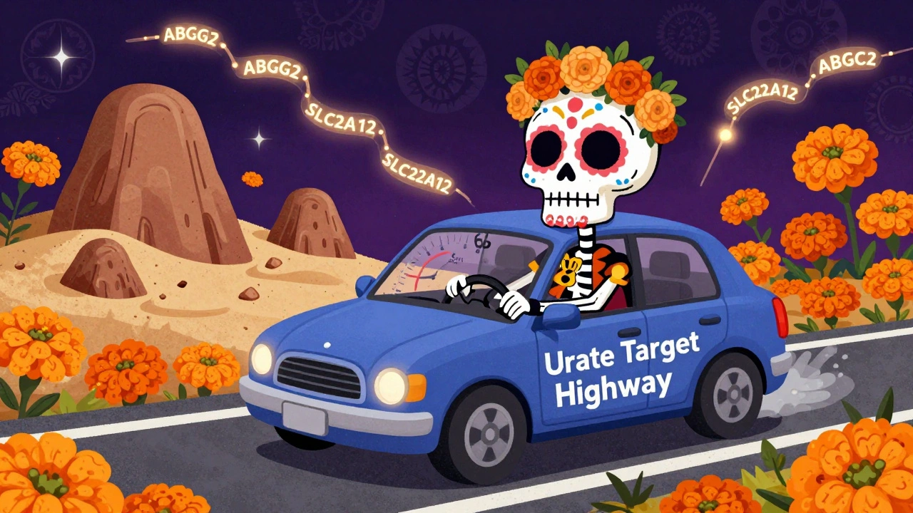 A car on a road labeled &#039;Urate Target Highway&#039;, with crumbling tophi hills and glowing gene strands in Mexican folk art style.