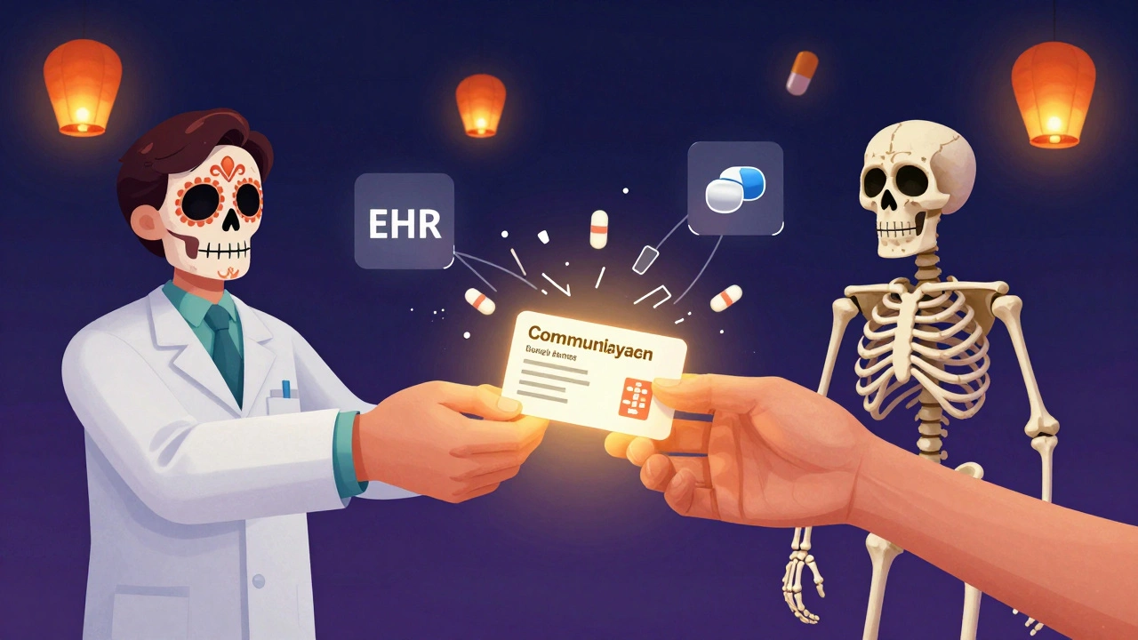 A chain of human and skeletal hands passes a glowing medication card from hospital to pharmacy to patient, with shattering communication lines in Day of the Dead aesthetic.