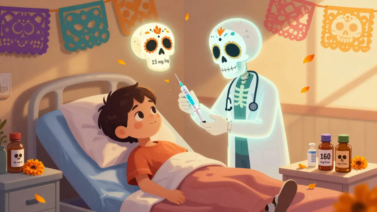 A child in bed with a skeleton doctor using a syringe, floating skull labeled '15 mg/kg', marigold petals in air.