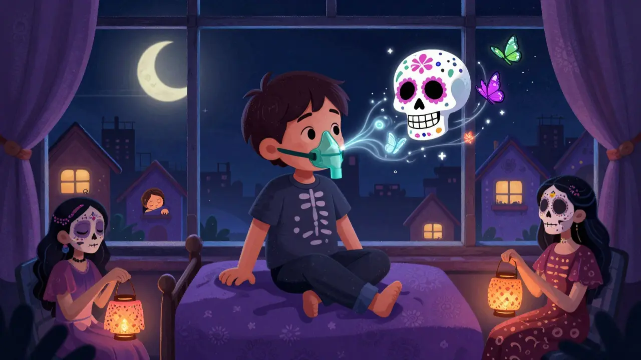 A child wears a skeletal CPAP mask as spirit airflows bring peaceful sleep, watched over by parents with papel picado lanterns.