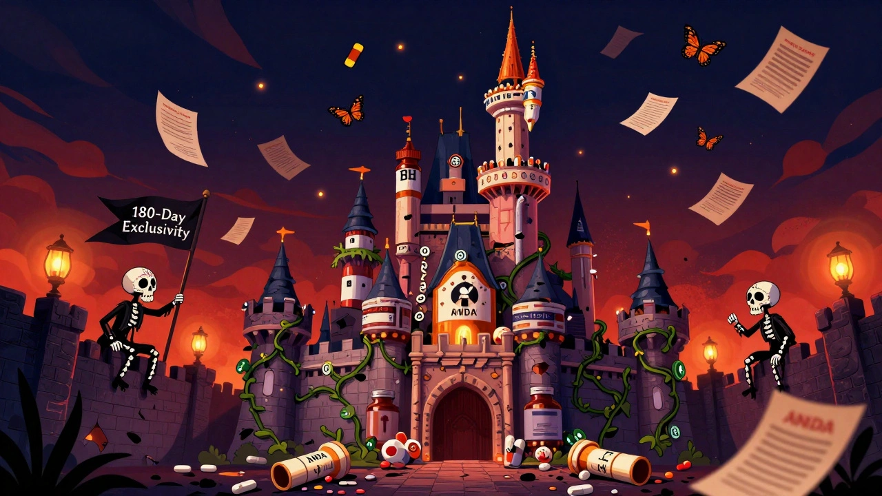 A crumbling patent castle is overtaken by bioequivalence vines and ANDA scrolls, with pioneers climbing as warning letters become butterflies.