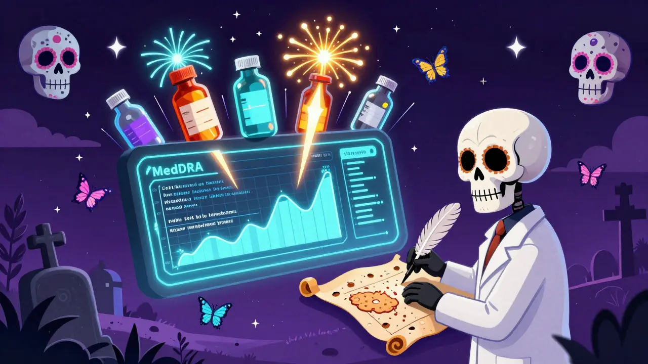 A digital dashboard floating above medicine bottles with animated charts and sugar skulls in a Day of the Dead scene.