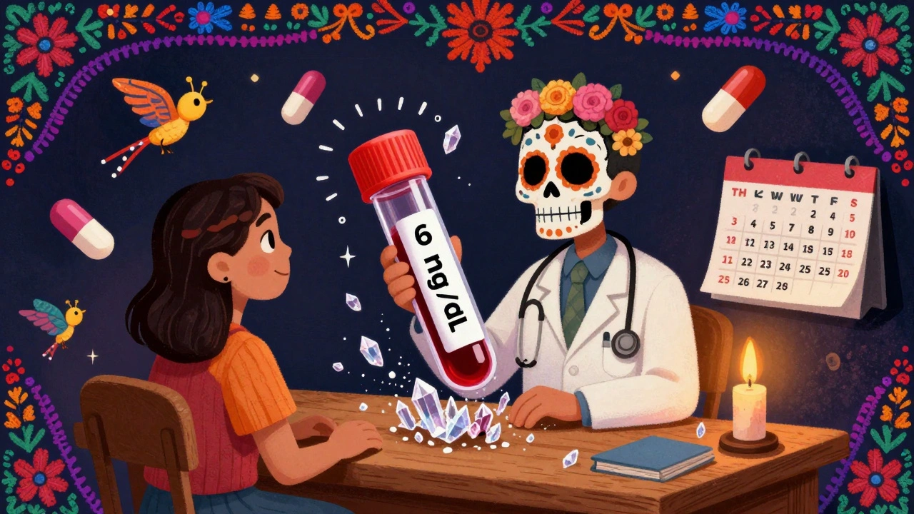 A doctor and patient holding a calavera blood vial labeled &#039;6 mg/dL&#039;, with alebrije-shaped pills and a calendar of test dates.