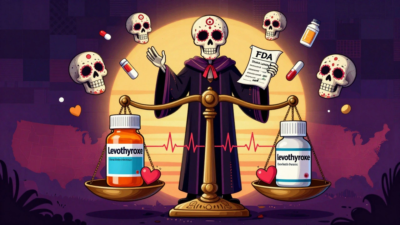 A giant scale balancing brand and generic NTI drugs, judged by a skeletal figure amid floating state laws and sugar skulls.
