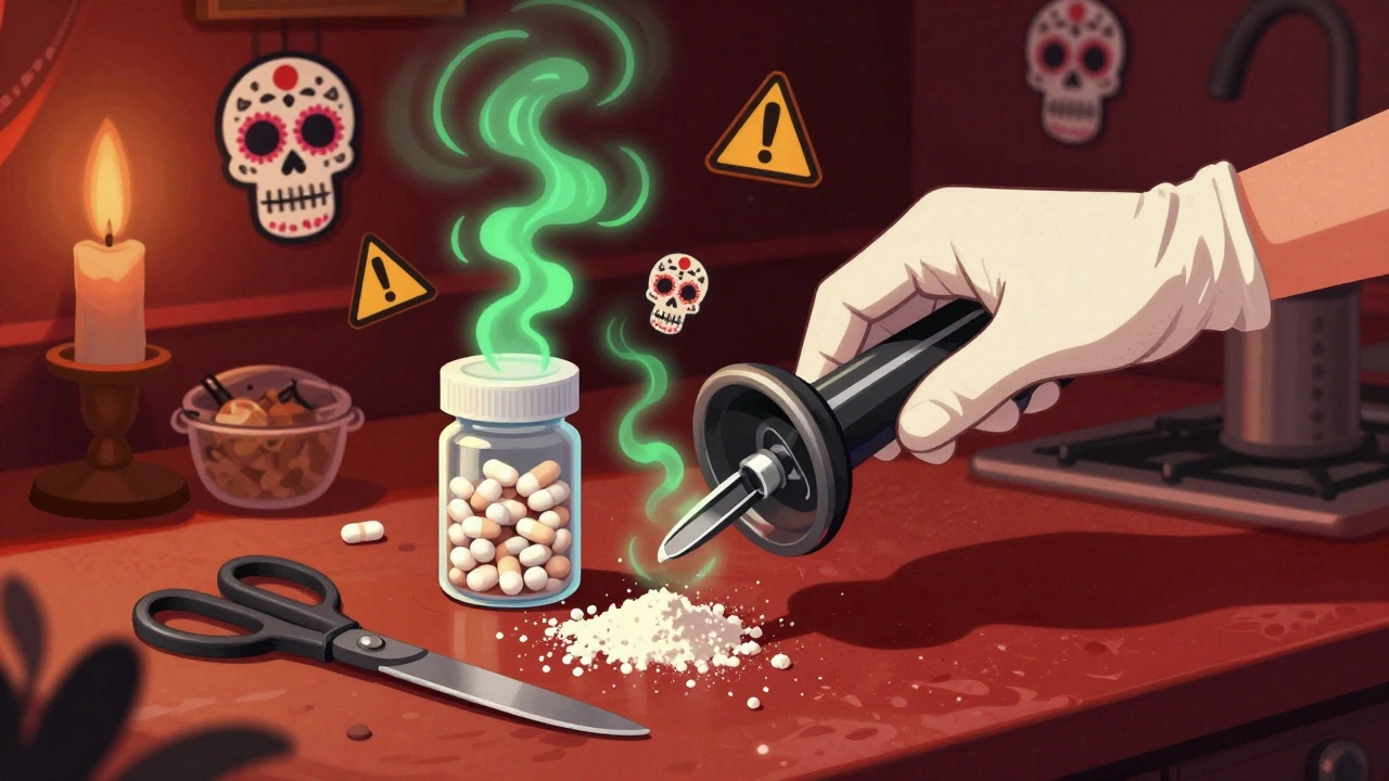 A gloved hand crushes a pill in a sealed urn-like device while toxic smoke rises from discarded knives on a kitchen counter.