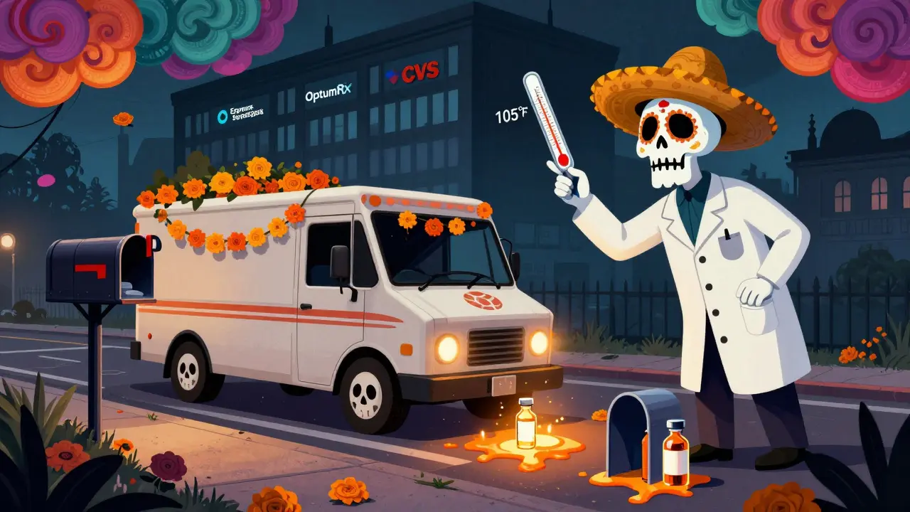 A mail truck delivers insulin that melted in a hot mailbox, with a ghostly pharmacist pointing at a high thermometer under a corporate building.