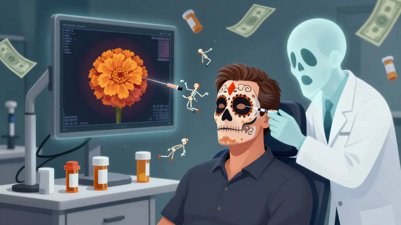 A man receiving an eye injection while spectral OCT scans and calavera figures float around him in a clinic scene.