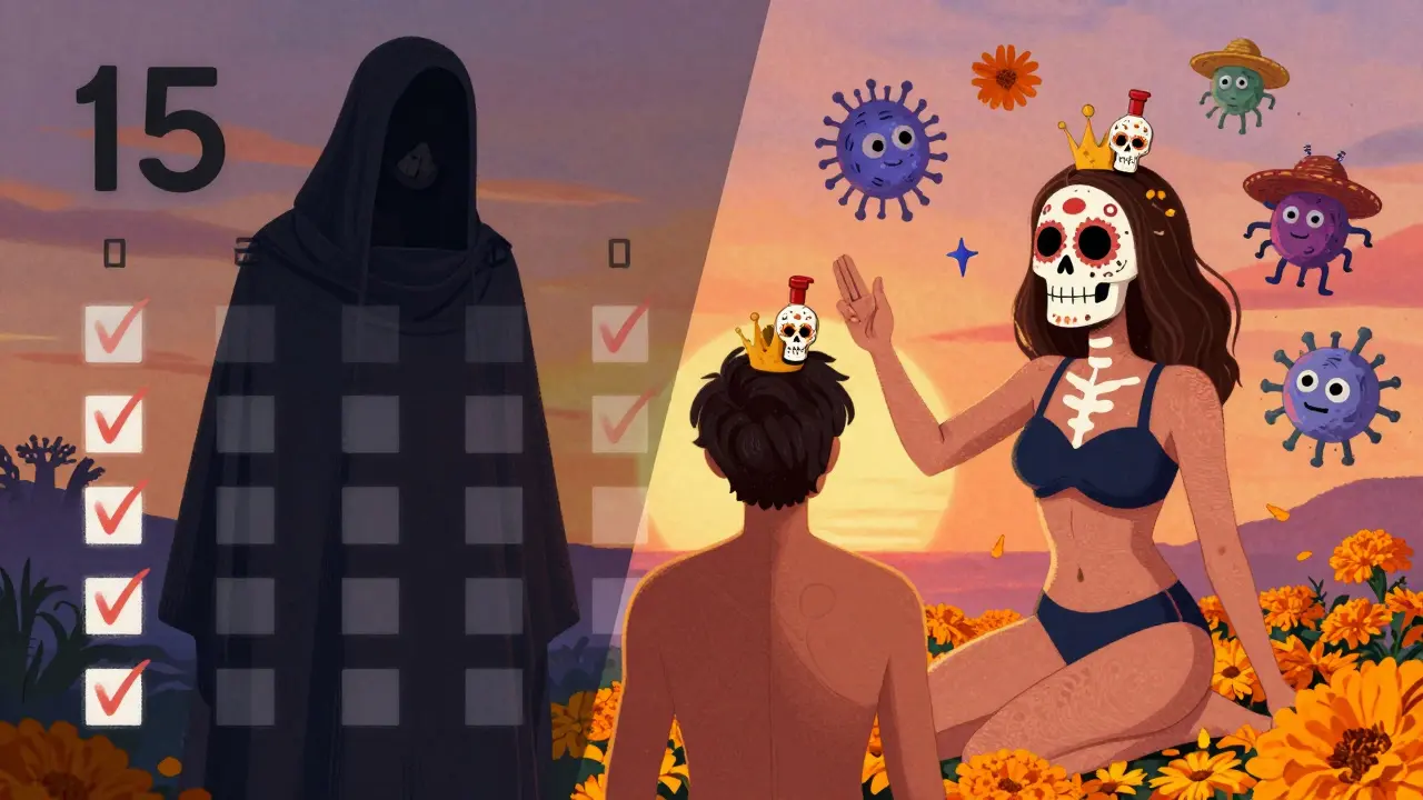 A monthly calendar with sugar-skull guardians protecting skin, contrasting hidden shame with confident sunlit healing.