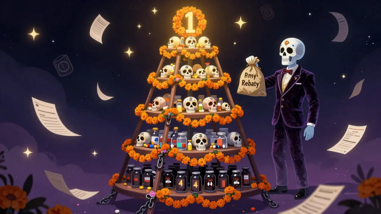 A multi-tiered drug ladder floats in a celestial pharmacy, with sugar skulls marking cost tiers and a PBM figure holding a sack of rebates.