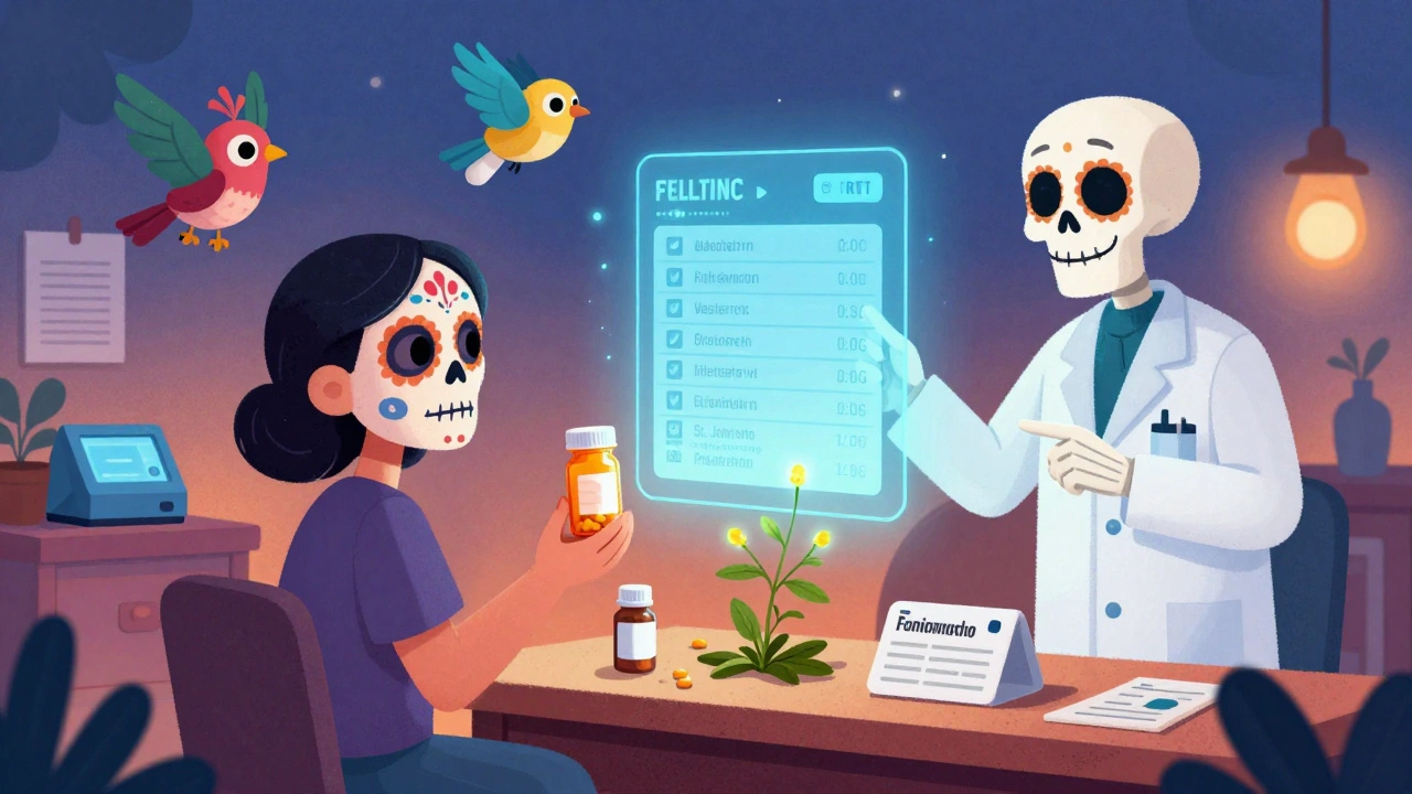 A patient and pharmacist reviewing a digital medication history, with a wilting St. John’s Wort plant and flying alebrije creatures.