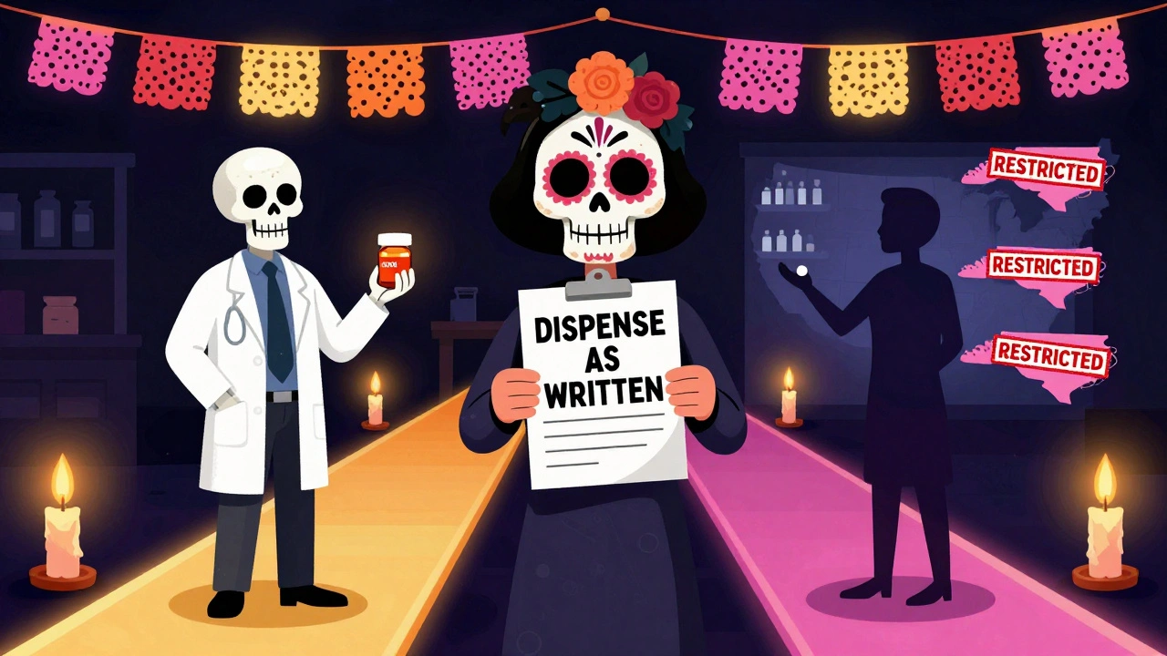 A patient choosing between brand and generic medication, with state restriction maps glowing in the background.