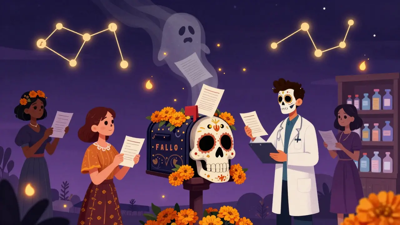 A patient, doctor, and pharmacist placing reports into a skull-shaped mailbox adorned with marigolds.