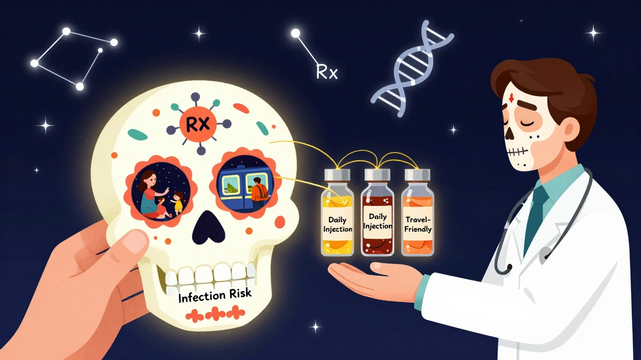 A patient holds a sugar-skull decision aid showing life scenes connected to treatment choices by golden threads.
