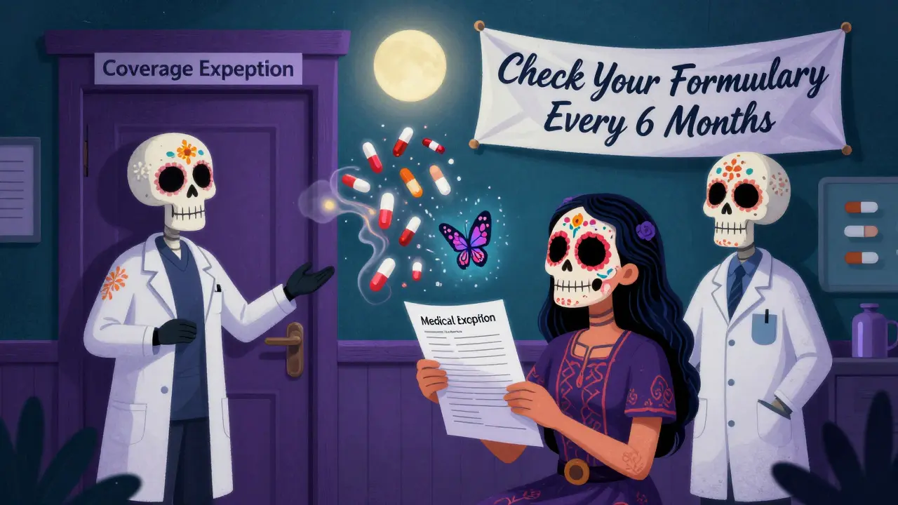 A patient holds a transforming exception form as a skeletal care manager guides them, with removed drugs dissolving into glowing ashes.