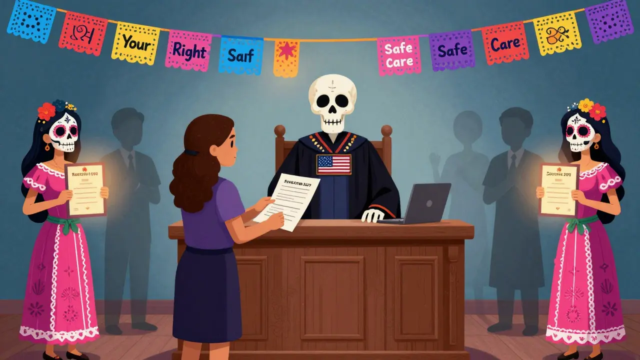 A patient presents a civil rights complaint to a skeleton judge, while certified interpreters hold glowing certificates in a symbolic courtroom.
