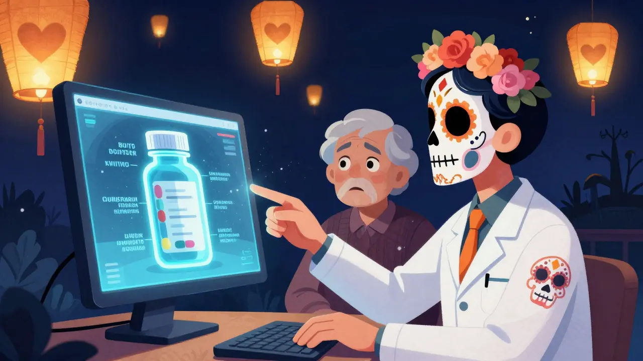 A pharmacist uses a video screen to connect with a spiritual interpreter who demonstrates pill dosage using glowing symbols above a pill bottle.