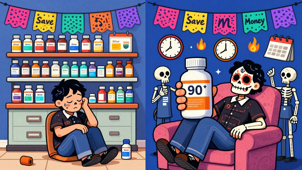 A side-by-side scene showing a tired person making three pharmacy trips versus one relaxed delivery at home with saved time icons