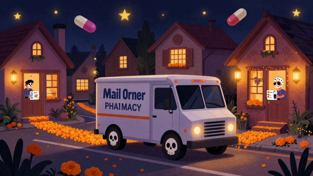 A skull-wheeled mail-order truck delivering medication boxes to homes with glowing marigold paths under a starry sky