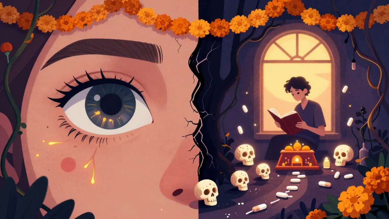 A symbolic journey from healthy vision to treatment success, with sugar skull injections leading to restored sight in Day of the Dead style.